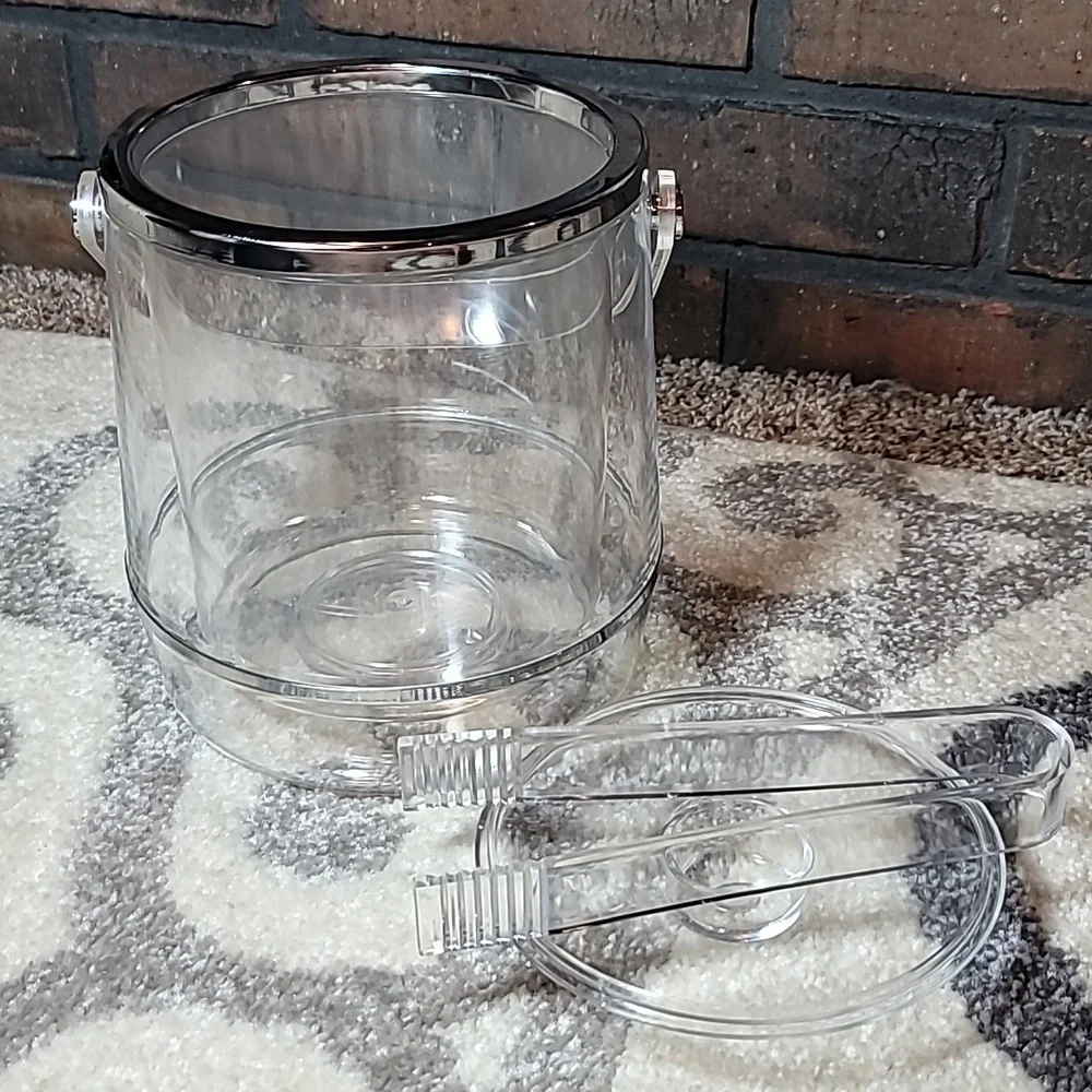 Vintage Ice Bucket with lid and tongs clear lucite chrome bands double wall
